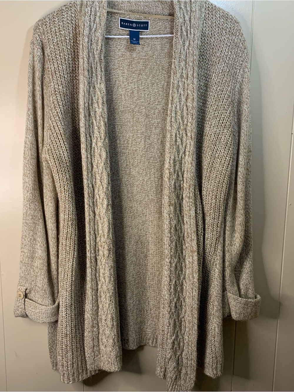 Karen Scott Women's M Cream Open-Front Cable Knit Cardigan Sweater
